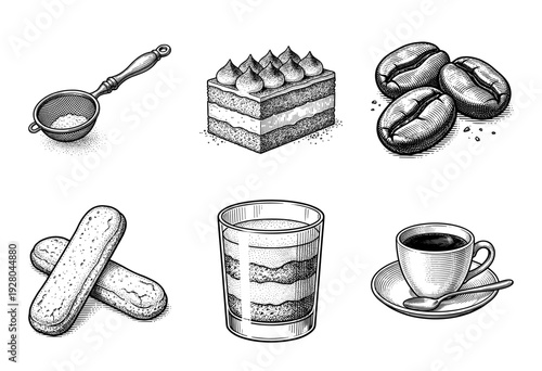 Tiramisu ingredients and dessert collection featuring hand drawn vintage engraving style illustrations of coffee beans ladyfingers and cocoa powder