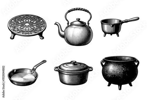 Vintage collection of cast iron kitchenware and rustic cooking vessels in a detailed black and white engraving style.
