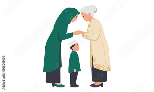 Muslim Woman Bowing to Grandmother with Boy for Eid Forgiveness