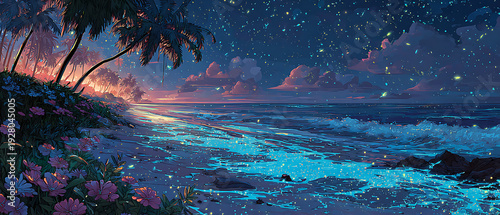 Tropical Beach Night With Bioluminescent Blue Sand And Exotic Flowers Anime Style Illustration