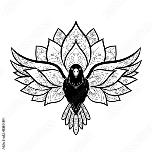 Black Crow Bird with Intricate Mandala Lotus Flower Wings, Mystical Symbolism