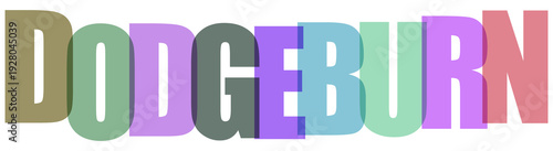 Typography in a vibrant, multicolored text design for dodgeburn on transparent background