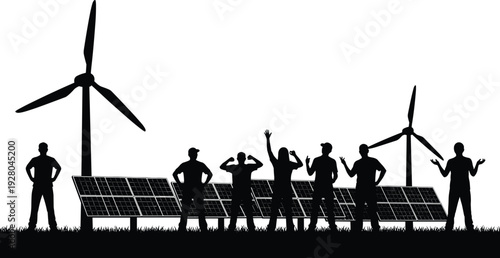 Silhouette of renewable energy workers with wind turbines and solar panels, sustainable power concept isolated on white background