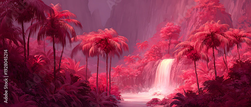 Tropical Landscape With Red Waterfall And Pink Palm Trees Anime Style Illustration Dreamlike Atmosphere High Saturation