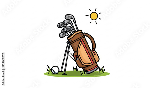 golf, golfbag, clubs, golfclubs, ball, tee, green, grass, outdoors, sunny, sport, leisure, activity, flat, modern, vector, illustration, playful, equipment, game, hobby, summer, field, athletic, recre