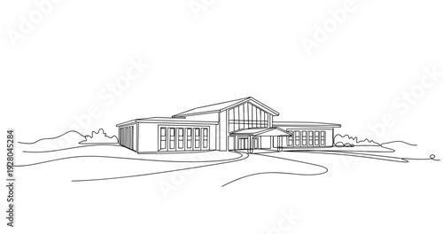 Low profile modern house sitting in landscaped grounds. No editable stroke