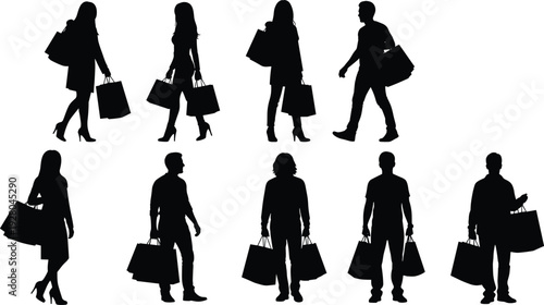Silhouette of shoppers carrying shopping bags, retail consumer lifestyle concept isolated on white background illustration set
