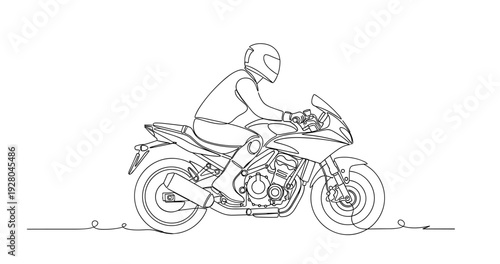 Motorcyclist riding sport motorcycle on road outline. No editable stroke