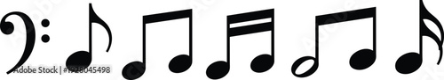 Musical notes and bass clef symbols vector illustration, black music notation icons isolated on white background for sound, rhythm, and melody design