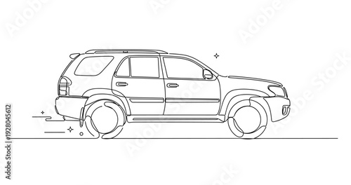 Sport utility vehicle depicted in side profile on road line drawing. No editable stroke