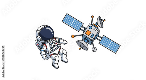 Cartoon astronaut floating beside a satellite with solar panels in space.