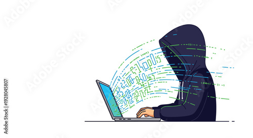 Hooded figure typing on a laptop with binary code streaming from the screen.