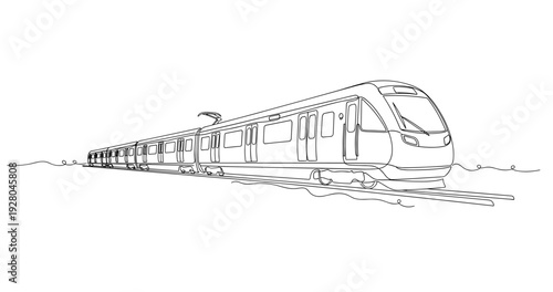 Passenger train moving along tracks in open rail corridor. No editable stroke