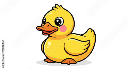 Cute cartoon yellow duckling illustration, happy baby bird with rosy cheeks, isolated on white