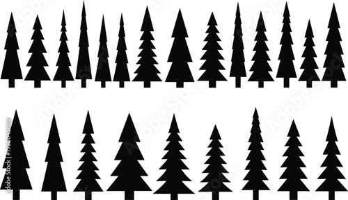 Pine and fir tree silhouettes vector collection with evergreen forest shapes, black conifer icons isolated on white background for nature and winter design