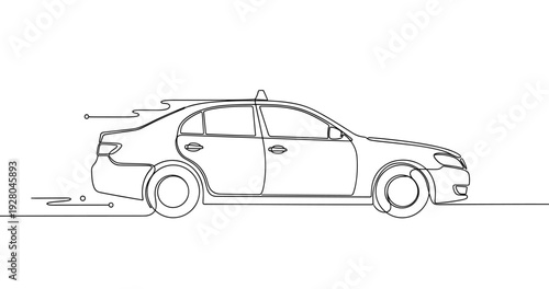 Sedan car driving in minimalist line art road scene. No editable stroke