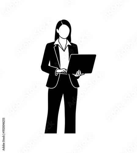 Vector illustration of a professional business woman actively engaged with her laptop, symbolizing modern corporate productivity, digital communication, and female empowerment in the workplace