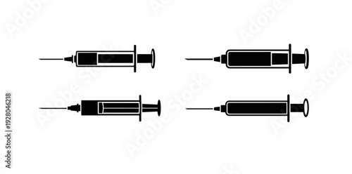 Collection of four black and white syringe icons, representing medical and scientific instruments for injection or vaccination purposes