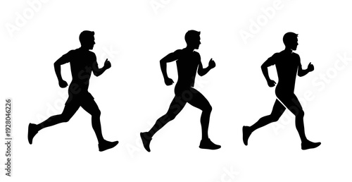 Dynamic black silhouettes depicting a male runner in various stages of motion, ideal for fitness, sports, and active lifestyle designs, conveying speed and determination