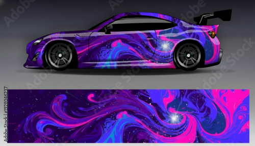 Vibrant purple and blue cosmic swirl car wrap design on a sports coupe, showcasing an abstract galaxy pattern with stars.