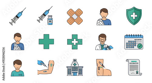 A colorful set of line art icons representing medical vaccination immunization and healthcare.