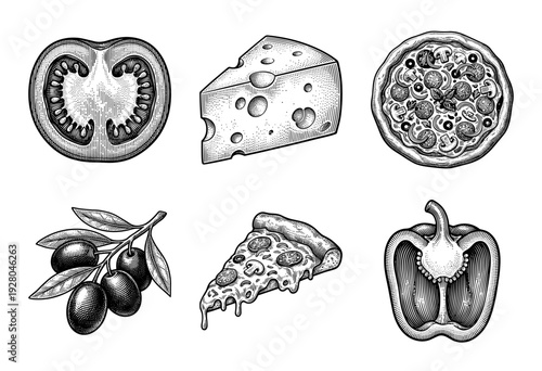 Vintage woodcut style pizza and ingredient collection featuring hand drawn tomato cheese olives and pepper icons