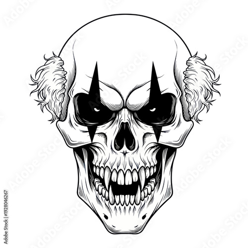 Scary Clown Skull with Sharp Teeth, Halloween Horror Art