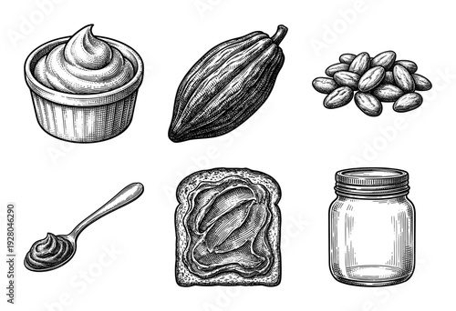 Vintage engraving style collection of cocoa beans and chocolate hazelnut spread with bread and glass jar illustrations.
