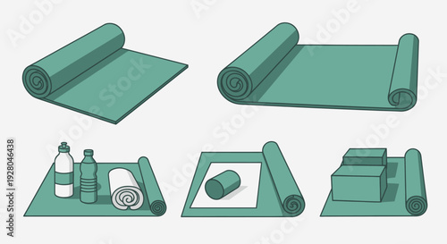 Hand-Drawn Green Yoga Mats and Fitness Accessories Set.