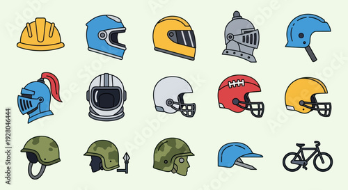 Collection of Various Helmets: Construction Motorcycle Knight Football Military and Bicycle.
