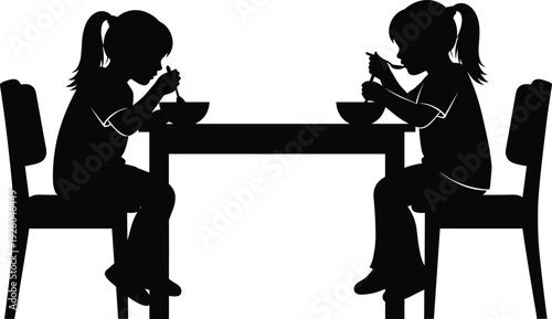Silhouette of Two Girls Eating Meal at Table, Child Friendship and Family Dinner Concept, Minimal Black Vector Illustration Isolated on White