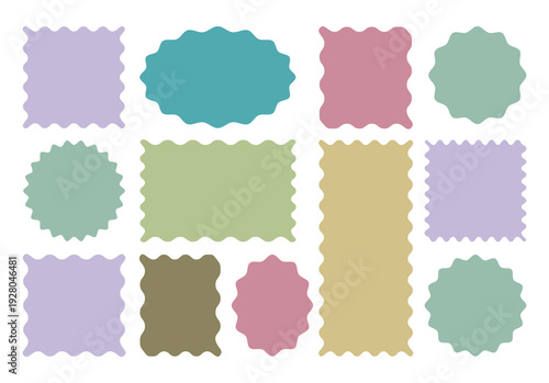 Vector set colorful zigzag wavy edge frames. Color rectangle frames with wiggly borders. Silhouette stickers circle,  square, oval and rectangle labels. 