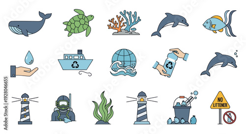 A colorful collection of line art icons representing marine life ocean conservation and environmental protection.