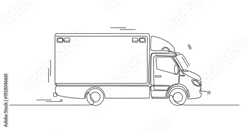 Delivery box truck driving along straight urban road line art. No editable stroke