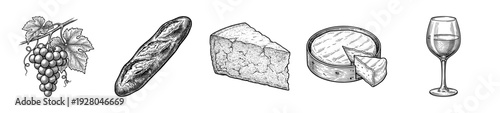 Vintage hand drawn engraving of rustic food staples including grapes, baguette, hard cheese, camembert, and a glass of wine