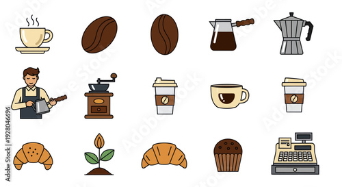 Collection of Coffee-Related Icons and Illustrations.