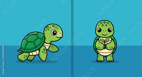 Cartoon Turtles Walking and Standing Illustration.