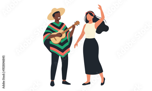 Folk musician playing string instrument while woman dances in traditional clothes