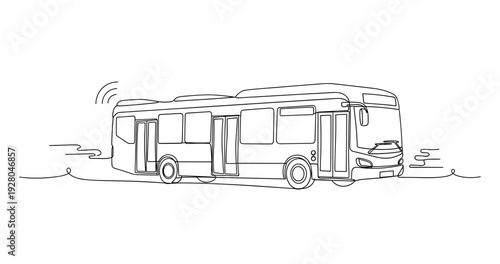 City bus traveling along road in continuous outline drawing. No editable stroke