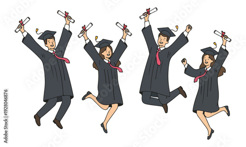 Graduating Students Jumping with Diplomas Celebrating Success
