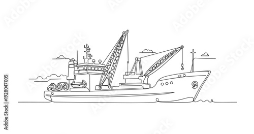 Fishing vessel with deck cranes moored in calm harbor. No editable stroke