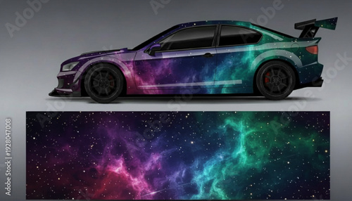 A custom-wrapped sports car with a vibrant galaxy nebula design, showcasing the full wrap pattern below.