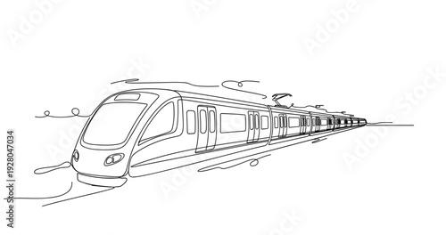 High speed train traveling on tracks in line art perspective. No editable stroke