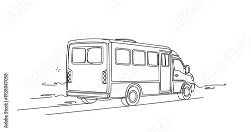Minibus moving along road in simple line illustration. No editable stroke