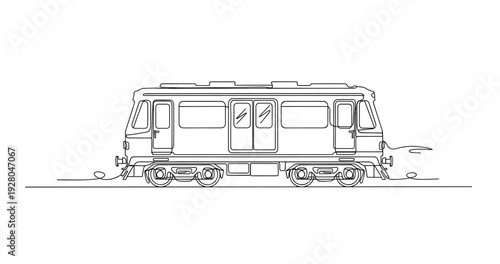 Train car parked on track in minimal line drawing. No editable stroke