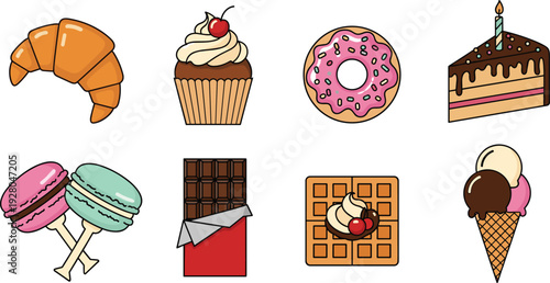 Colorful dessert illustration featuring croissant, cupcake, donut, cake slice, macarons, chocolate bar, waffle, and ice cream cone in playful cartoon style for food design