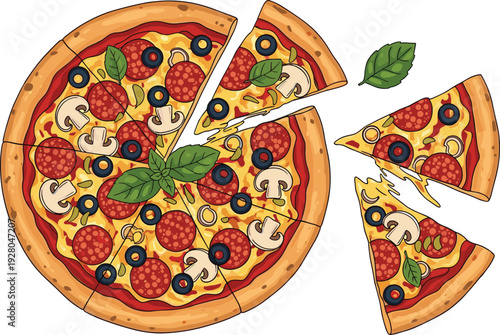 Delicious whole pizza with pepperoni, mushrooms, olives, basil leaves, onion rings, golden crust, and melted cheese, featuring three separated slices in appetizing presentation