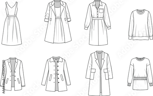 Fashion sketch illustration of women’s clothing designs including dresses, coats, blazer, sweatshirt, and tops, showcasing garment construction, apparel patterns, and stylish silhouettes