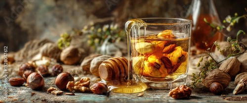 Honey and nuts in a glass cup on rustic wooden table with honeycomb