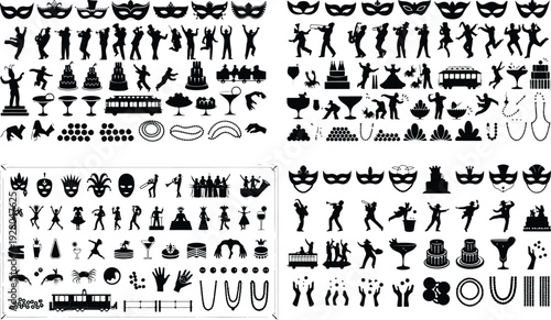 Mardi Gras Typography Silhouette Icon Set